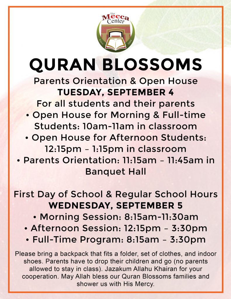 Quran Blossoms Orientation & Open House, Sep. 4 The Mecca Center